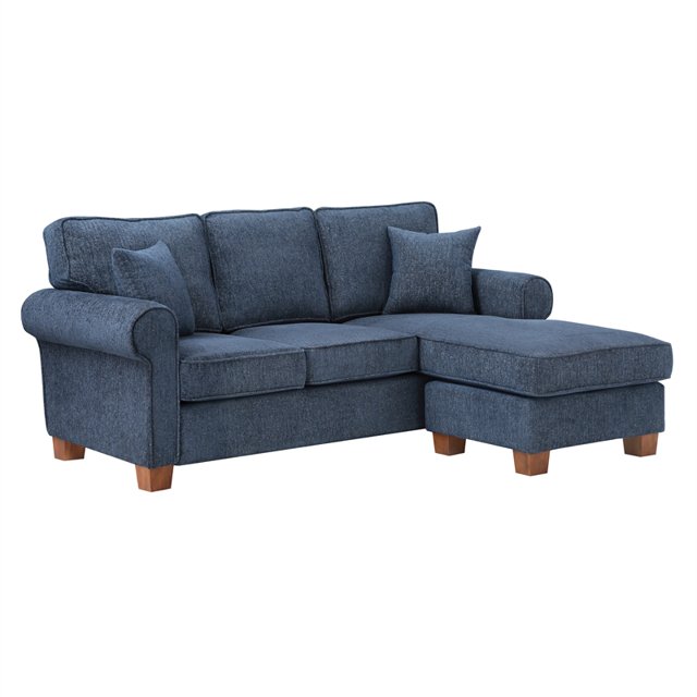 Rylee Sectionnel à Bras Roulés en Tissu Bleu Marine avec Oreillers et Pieds Café