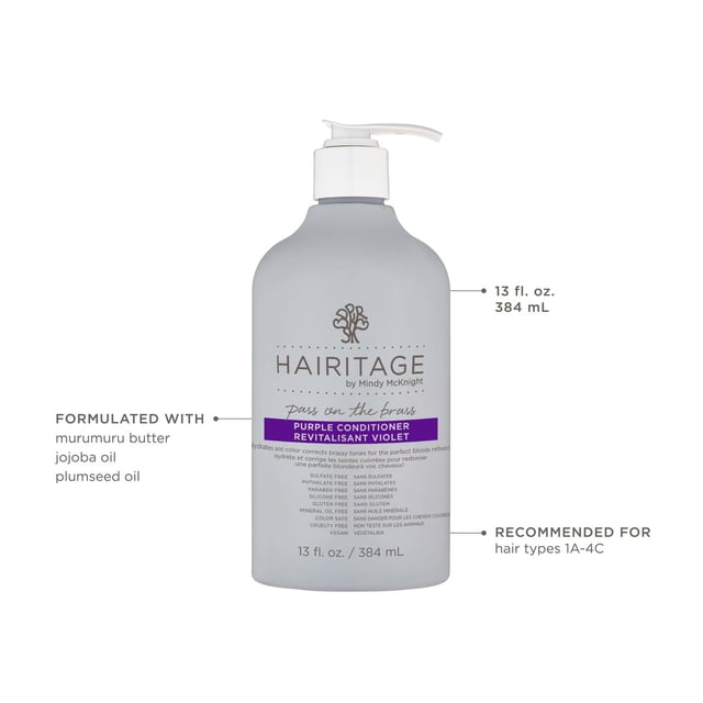 Pass On The Brass - Purple Conditioner by Hairitage in a 13 fl. oz. (384 mL) gray pump bottle with purple label, formulated with murumuru butter, jojoba oil, and plumseed oil to neutralize brassy undertones, replenish moisture, and detangle strands, recommended for hair types 1A-4C.