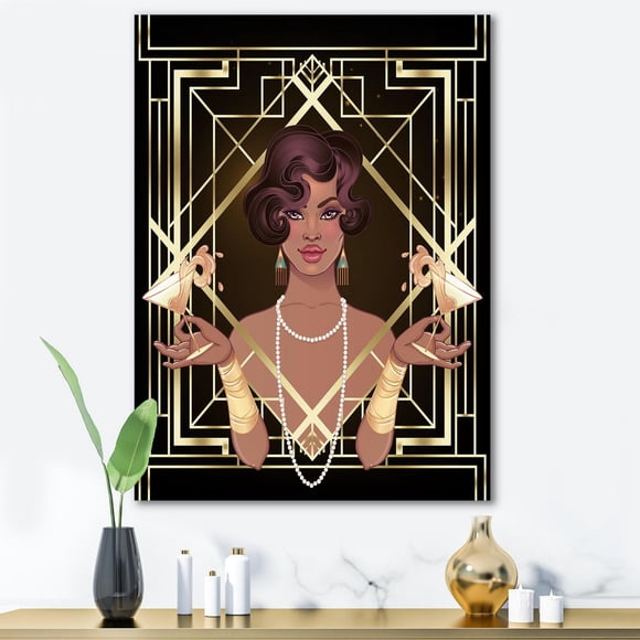 Designart Retro Women In Golden Art Deco Geometrics I Canvas Wall Art