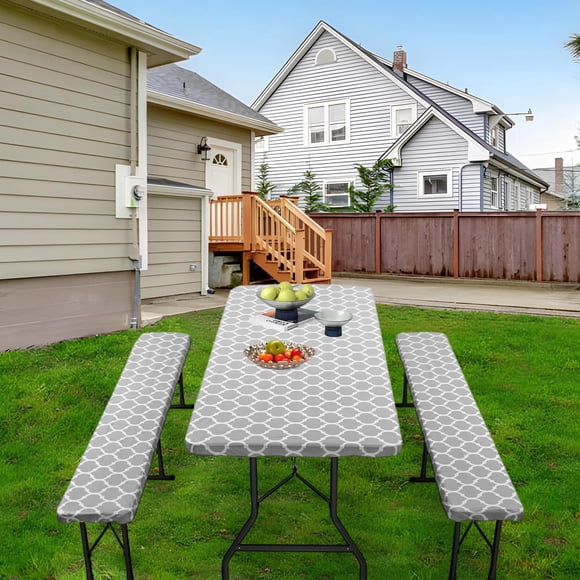 UsRHHA Waterproof Elastic Table Cover Set for Outdoor Picnic, 3-Piece Vinyl Tablecloth with Flannel Backing Fits 30x72 Inch Table, Patio Table Protector