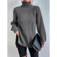 thumbnail image 2 of EYIIYE Chandail d'Automne et d'Hiver pour Femme à Manches Longues, Col Roulé, Tricot, Chandail, Couleur Unie, Ourlet Fendu, Long Tricot, Chandail, Ample, Décontracté, Confortable, Hauts, 2 of 8