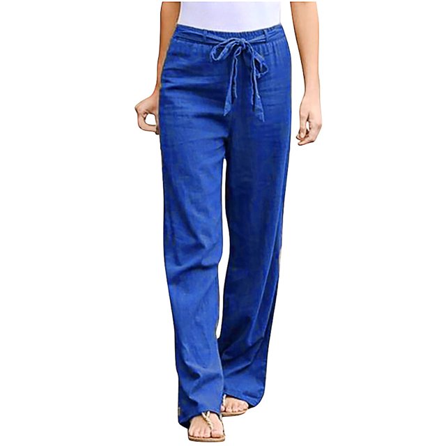 SHOPESSA Women Solid Color Cotton Linen Pants Sashes Straight Casual Long Pants Loose Fit Drawstring Trousers