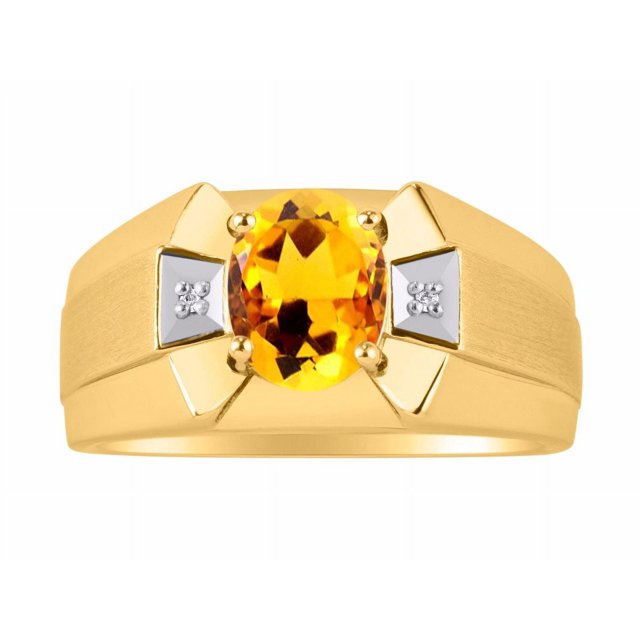 RYLOS Men's Rings 14K Yellow Gold Rings Classic Designer 9X7MM Oval Gemstone & Diamond Ring Citrine November Birthstone Ring Size 10