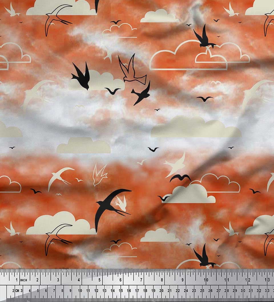 Soimoi Crepe Silk Fabric Clouds & Flying Swift Bird Decor Fabric Printed Yard 42 Inch Wide