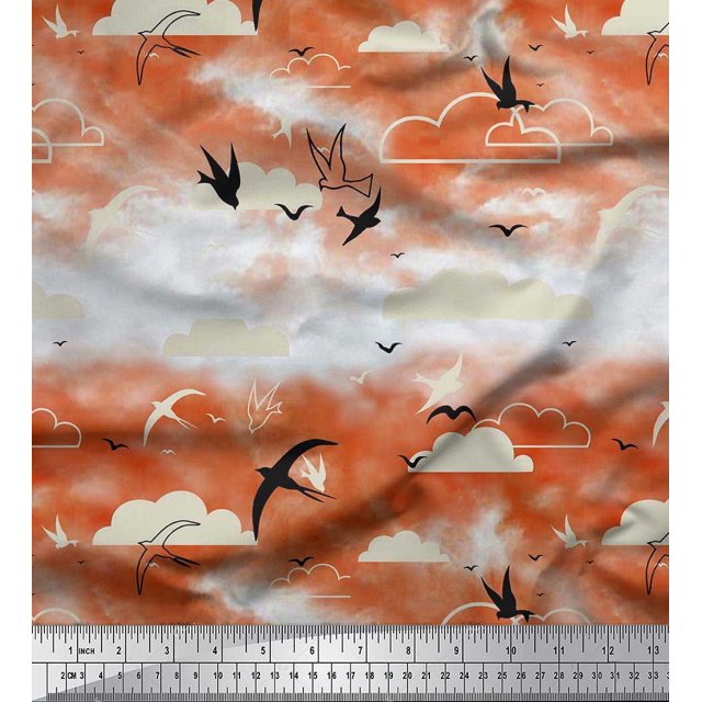 Soimoi Poly Georgette Fabric Clouds & Flying Swift Bird Printed Craft Fabric by the Yard 52 Inch Wide