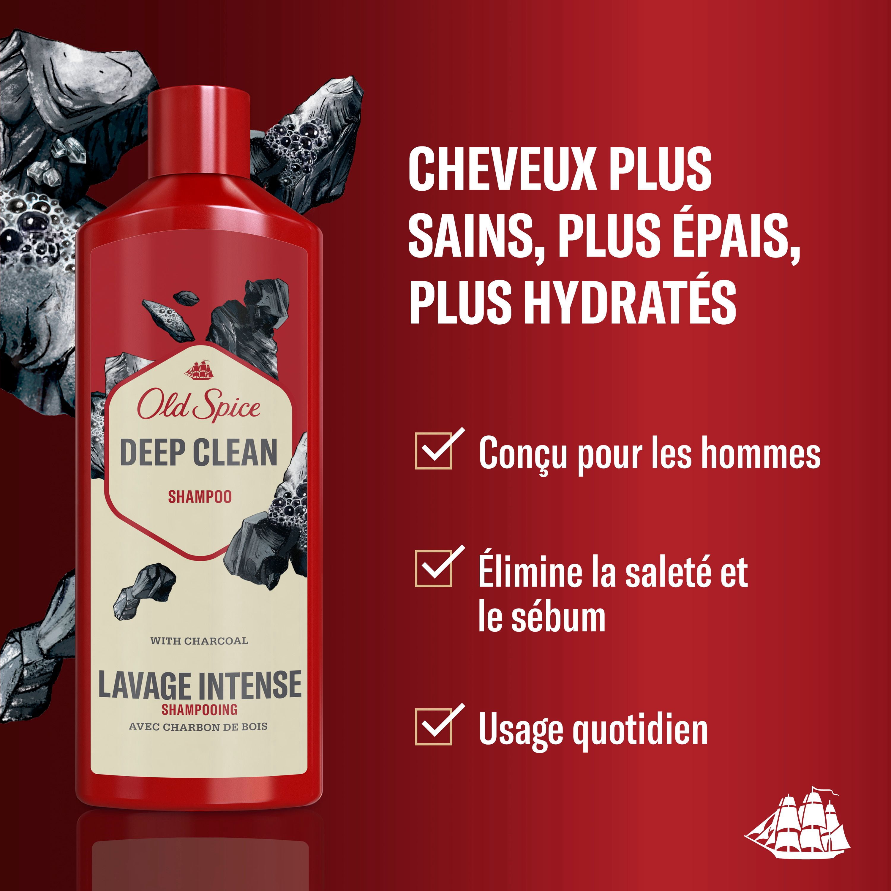 Old Spice Shampooing Lavage Intense pour Hommes avec Charbon de Bois, Parfum Frais et Propre, Élimine la Saleté et l'Huile Accumulées