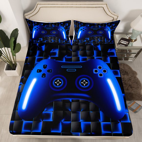 Gaming Queen Bed Sheets For Kids Teen Girls Game Controller Fitted Sheet 3Pcs Gamer Bedding Set For All Season,Blue And Black Geometric Checkered Sheets For Young Men,Soft Breathable(No Top Sheet)