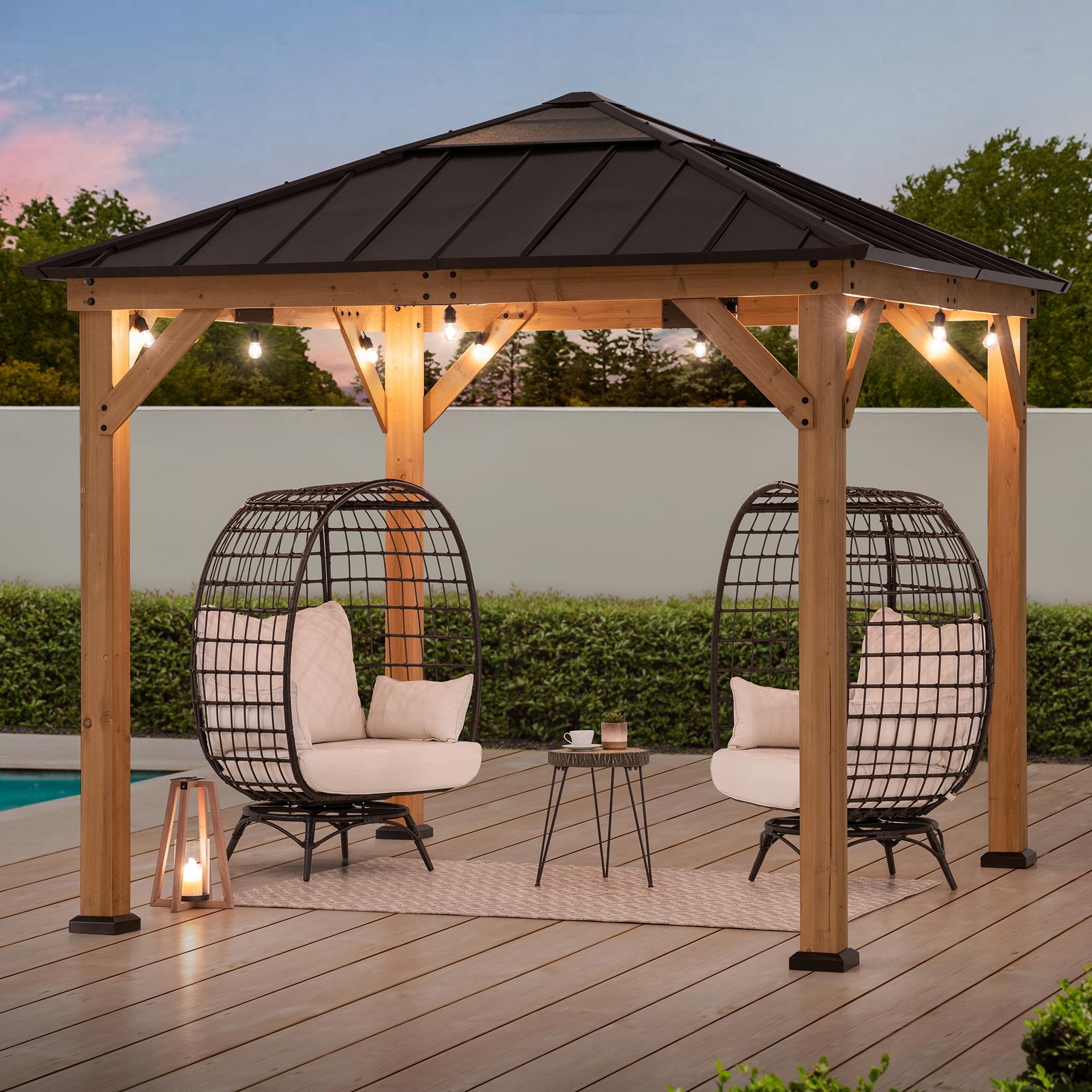 Sunjoy Outdoor Patio 9x9 ft Cedar Framed Gazebo with Brown Steel & Polycarbonate Hip Roof Hardtop