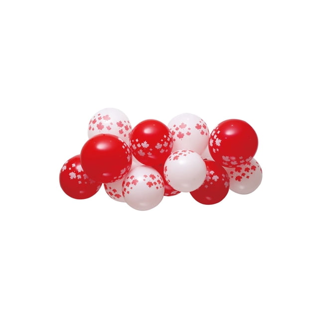 Way to Celebrate! Latex Balloon Canada Day Party Kit, 12pcs with red and white latex balloons featuring red maple leaf prints, clustered on a white background, ideal for Canada Day party supplies and patriotic celebrations, also suitable for classroom or family events.