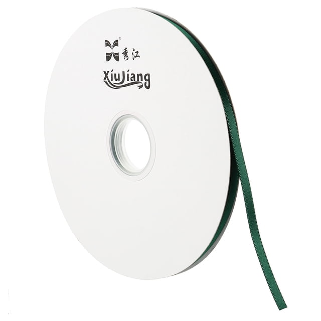 Unique Bargains 0.28' x 100 Yards Double Face Decorate Crafts Roll Satin Ribbon in dark green, crafted from polyester for a soft and smooth texture. The ribbon is presented on a white spool, highlighting its satin finish and narrow width, perfect for arts and crafts, sewing, gift wrapping, and embellishments.