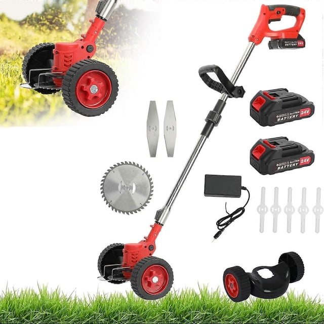 Tondeuse à Gazon 24V 2000mAh, Coupe-Bordure Sans Fil avec 2 Batteries, 8 Lames, Roues Amovibles (Rouge)