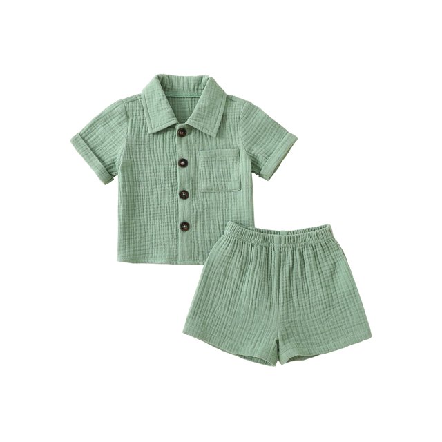 Faithtur Toddler Baby 2Pcs Summer Outfits, Short Sleeve Button Down Lapel Shirt + Shorts Set