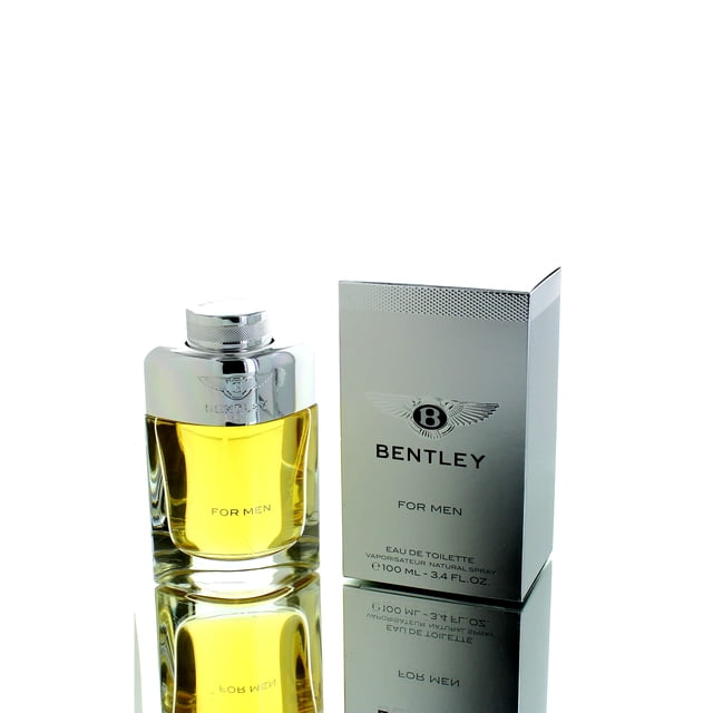 Bentley for Men by Bentley Eau de Toilette 100 ml, un Parfum Oriental Épicé Sophistiqué pour Hommes. la Bouteille en Verre avec un Bouchon Argenté Contient un Liquide de Couleur Ambre, Affichée à Côté de Son Emballage Argenté Mettant en Vedette le logo Bentley. Notes Incluant Poivre Noir, Bergamote, Feuille de Laurier, Sauge Sclarée, Cannelle, Rhum, Cuir, Benjoin, Cèdre et patchouli.