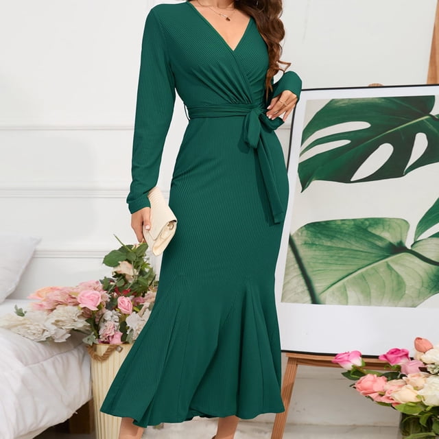 FcBaudy Longues Robe à Manches à Col en V, Robes d'Été pour Femmes, Robes pour Femmes Mode Féminine Col en V Manches Longues Robe Sirène Unie Robes Femmes Robe