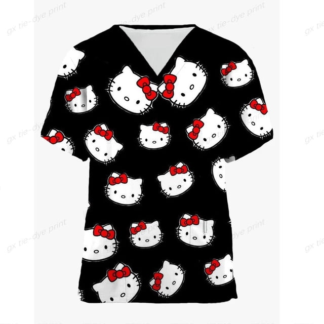 Jiayi Haut de Sarrau à Manches Courtes pour Femmes à Col en V avec Poche Hello Kitty, Fond Noir et Imprimé de Dessins Animés Hello Kitty avec Nœuds Rouges. Ce Haut de Sarrau à Coupe Régulière Est Fabriqué en Mélange de polyester et de Coton avec Extensibilité Moyenne, Offrant Confort et Durabilité pour l'Été. Parfait pour les Professionnels de la Santé, le Personnel de Clinique Ou les Infirmières à la Recherche d'Une Tenue de Travail Élégante et Fonctionnelle.
