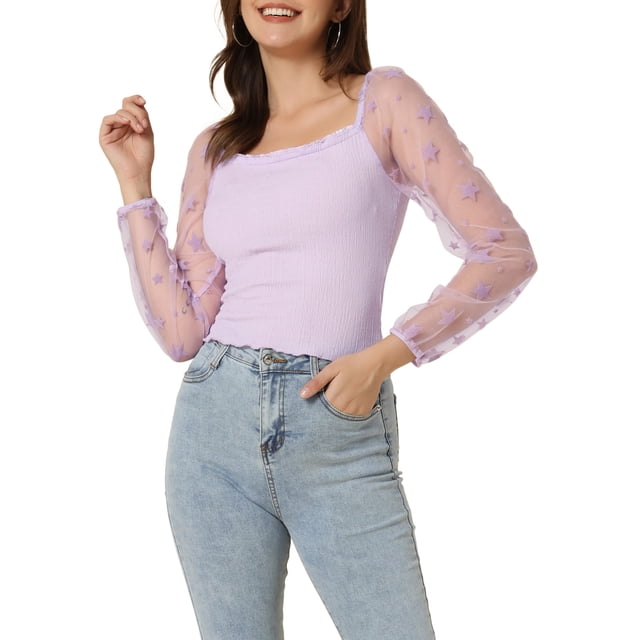 INSPIRE CHIC Haut Court Texturé à Manches Longues en Maille Transparente à Encolure Carrée Décontractée pour Femme avec Imprimé d'Étoiles Violet Pâle TP