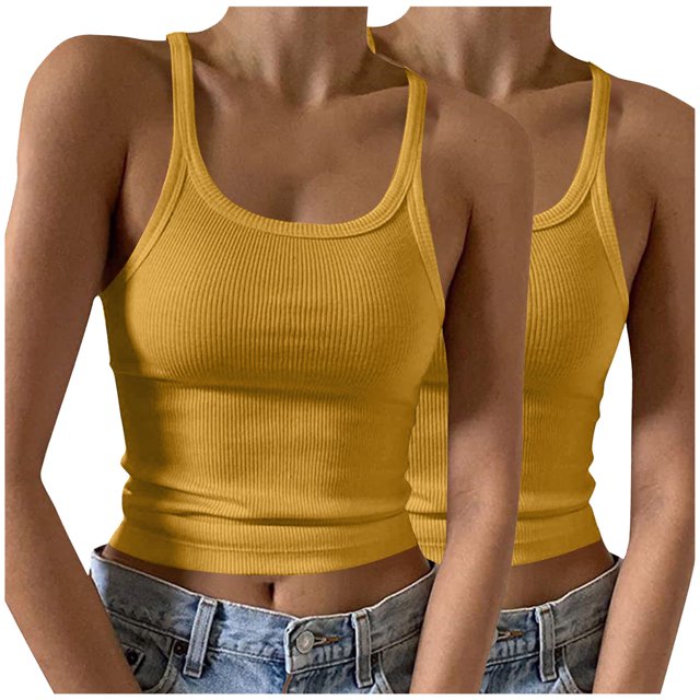 Timegard Camisoles 2 Pcs pour Femmes Col Rond Côtelé Sans Manches Ajusté Court Haut Décontracté Sortie Camis