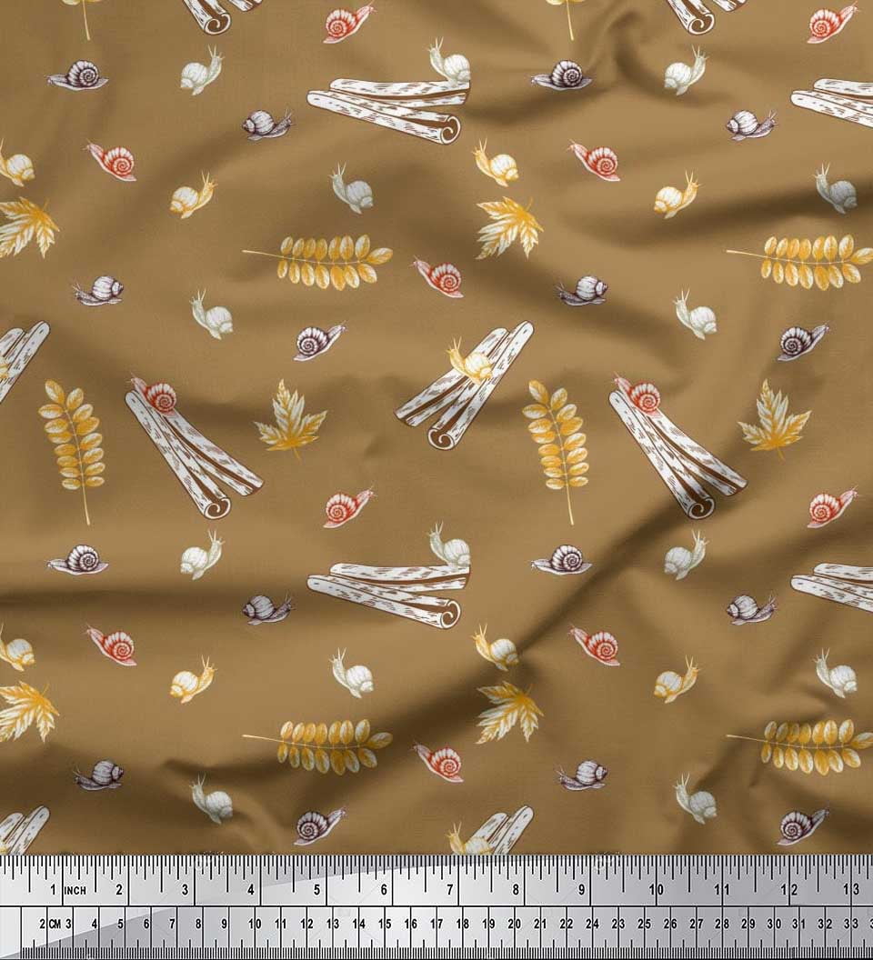 Soimoi Silk Fabric Leaves,Cinnamon & Snail Insects Print Fabric by Yard 42 Inch Wide