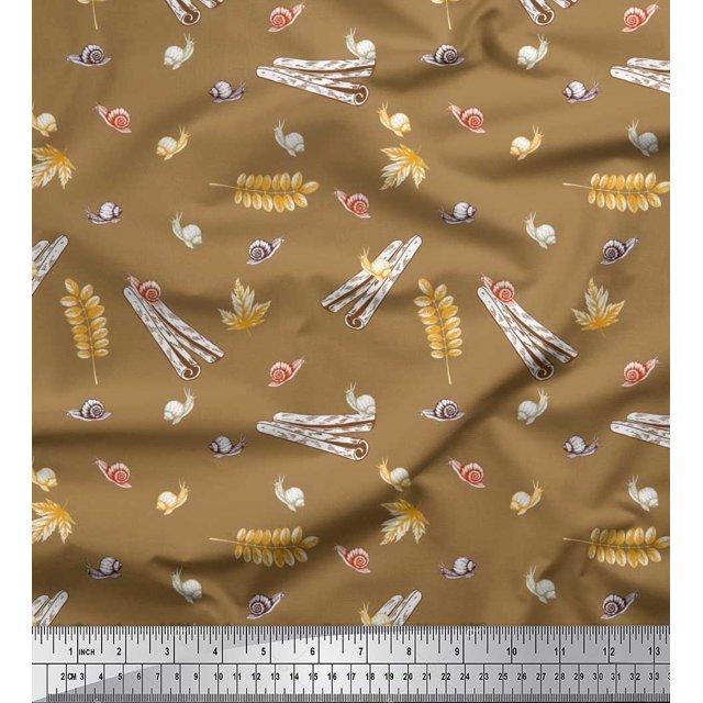 Soimoi Rayon Fabric Leaves,Cinnamon & Snail Insects Print Sewing Fabric Yard 42 Inch Wide