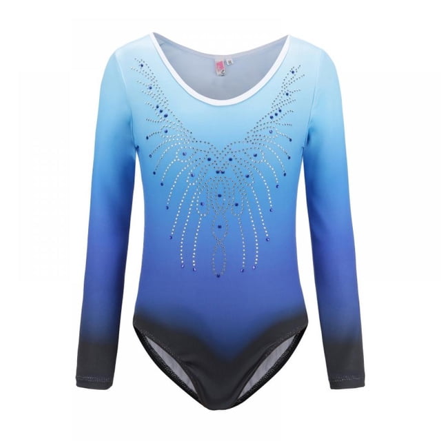 Greyghost Children Kids Girls Long Sleeve Leotards featuring a bright gradient color pattern in blue with a diamond-like design on the front. Made of polyester and spandex, this breathable and stretchy dancewear is suitable for ballet, gymnastics, and stage performances. The leotard has a long sleeve and shoulder patchwork design for added comfort and style.