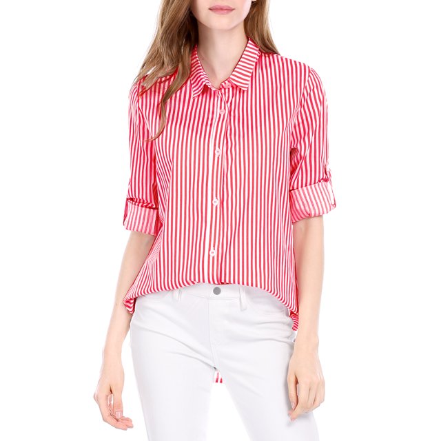 INSPIRE CHIC Women's Button Down Roll-up Long Sleeves Lapel Collar Shirts S Red