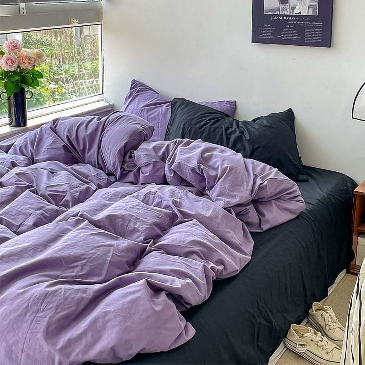 Fashion Style Pink Black Bedding Set Soft Flower Duvet Cover Pillowcase Bed Flat Sheet Set For Girl Double Queen King Bedclothes