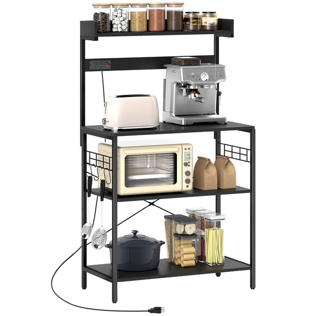 HOMCOM Kitchen Bakers Rack with Power Outlet, Coffee Bar, Distressed Black