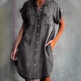 thumbnail image 1 of Robes en Denim Délavé pour Femmes à Manches Courtes Longue Robe à Col en V Boutonnée Robes Maxi Amples Robe Mode, 1 of 7