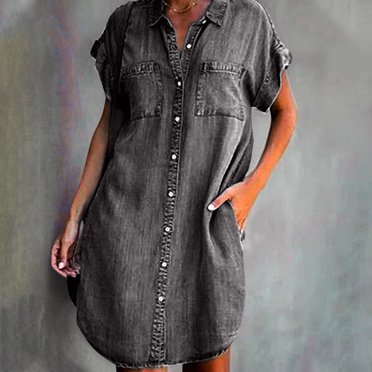 Robes en Denim Délavé pour Femmes à Manches Courtes Longue Robe à Col en V Boutonnée Robes Maxi Amples Robe Mode