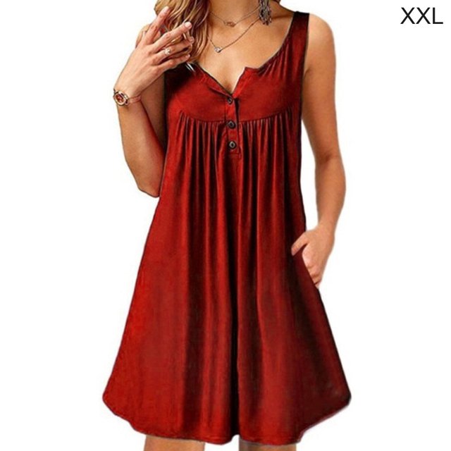 Robe Femme Plissée à Boutons Gilet T-shirt Décontractée Décontractée Robe Gilet Robe Débardeur à Poches, Rouge Vin, TTG