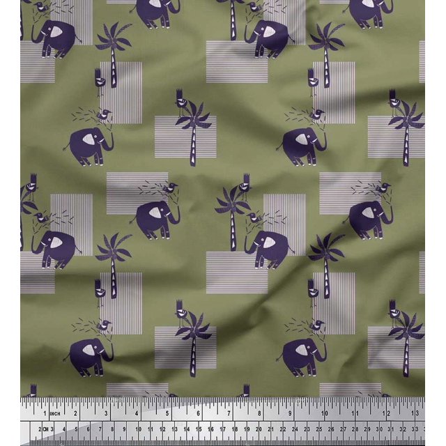 Soimoi Poly Georgette Fabric Bird,Coconut Tree & Elephant Kids Printed Fabric 1 Yard 52 Inch Wide