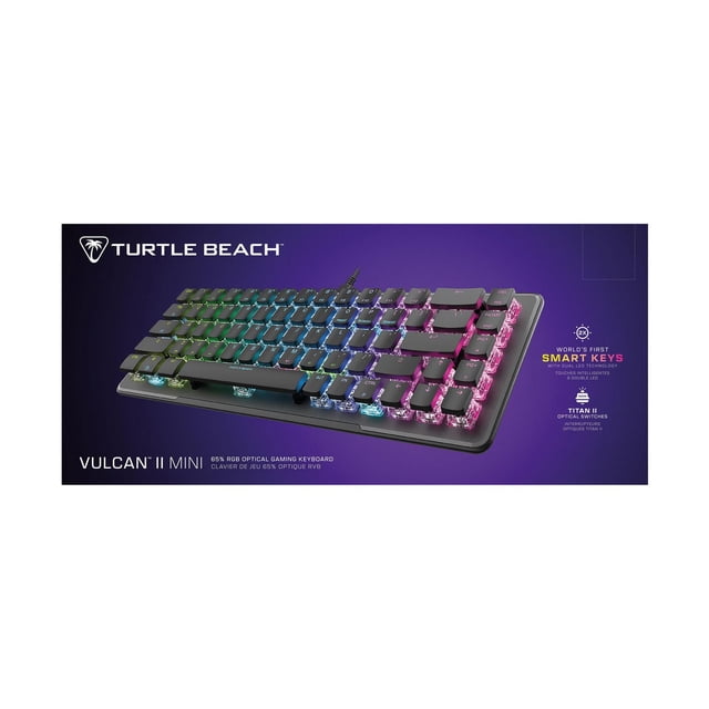 Turtle Beach Vulcan II Mini Clavier de Jeu Mécanique Optique RVB 65 % avec Facteur de Forme compact 65 %, Touches Rétroéclairées RVB en Plusieurs Couleurs, Commutateurs Optiques Titan II et Touches Intelligentes à Double DEL sur Fond Violet Foncé.