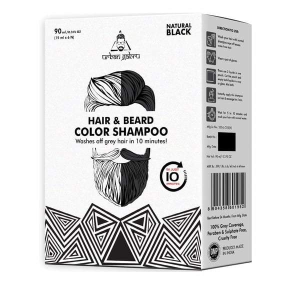 Urbangabru Hair and Beard Color Shampoo - Natural Black - Ammonia Free and Enriched with Vitamin C - include free Gloves - (90 ML) Made in India