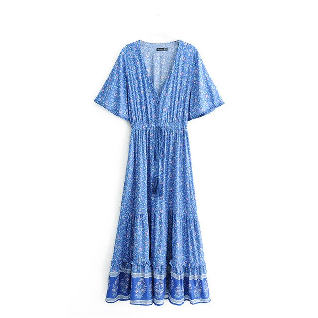 U.Vomade Robe Maxi Bohème de Plage en Rayonne à Imprimé Vintage pour Femme, Col en V, à Franges, Robe Bohème d'Été