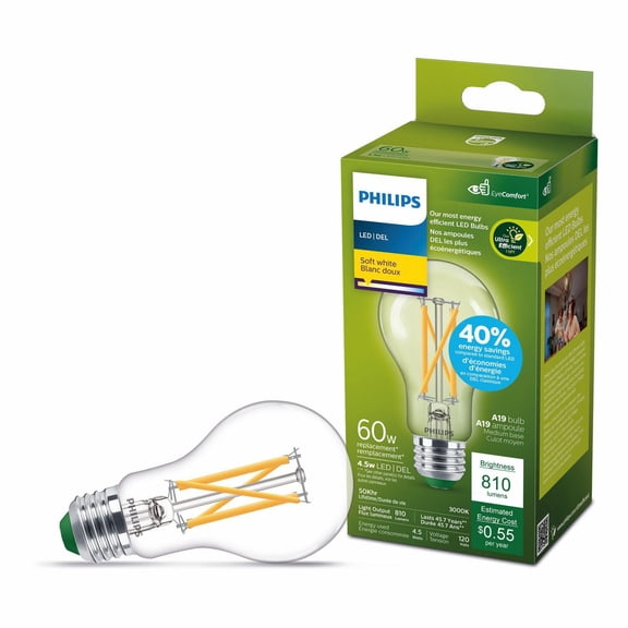 Philips Ampoule LED ultra efficace 60 W A19 1PK blanc doux transparent à intensité variable culot moyen