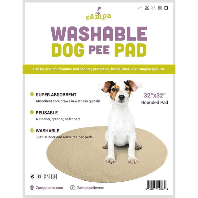 Zampa Pets Quality Whelp Round, Circular Shape Reusable Dog Pee Pads in beige, measuring 32x32 inches. The pad has a quilted surface, anti-slip silica gel bottom, and a four-layer design for fast absorption and waterproofing. Ideal for playpens, under food and water bowls, or as a whelping pad. Washable and reusable for extended use.