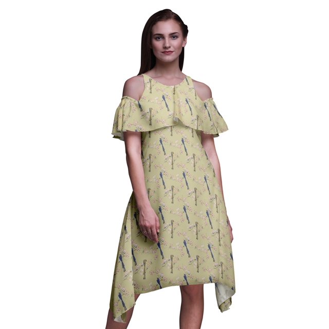 Bimba Robe Midi à Manches Flottantes Imprimé Oiseau Beige Épaules Dénudées Femme - XXX-Large