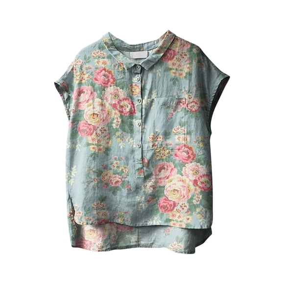 WZXFASHION Cute Tops For Women Collar Non Sleeve Linen Shirts Plus Size Floral Blouses Casual Summer Clothes Clearance Sales Women Shirts
