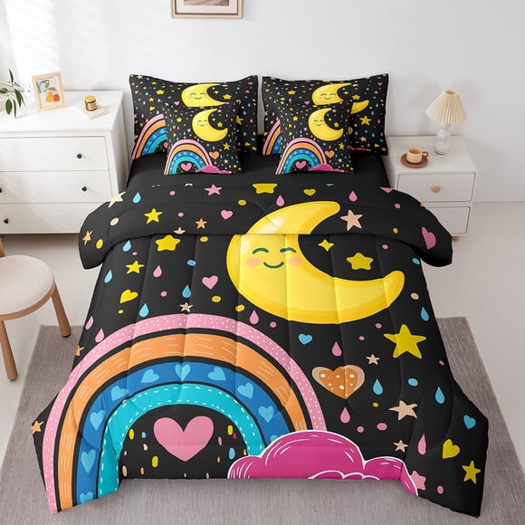 Erosebridal Cute Rainbow Bed in a Bag Queen size for Girls, Cartoon Moon Stars Heart Print Quilted Comforter, Super Cozy 7-Piece