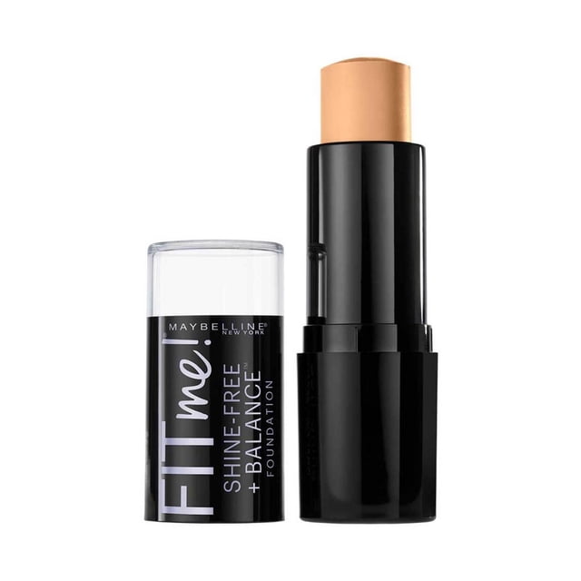 Maybelline New York Fit Me®, Shine-Free + Balance®, Stick Foundation, 9 gr, with the cap removed to reveal a beige foundation stick in a black tube with a clear cap labeled in white and lavender text, providing medium coverage with a natural matte finish that absorbs oil and minimizes pores.