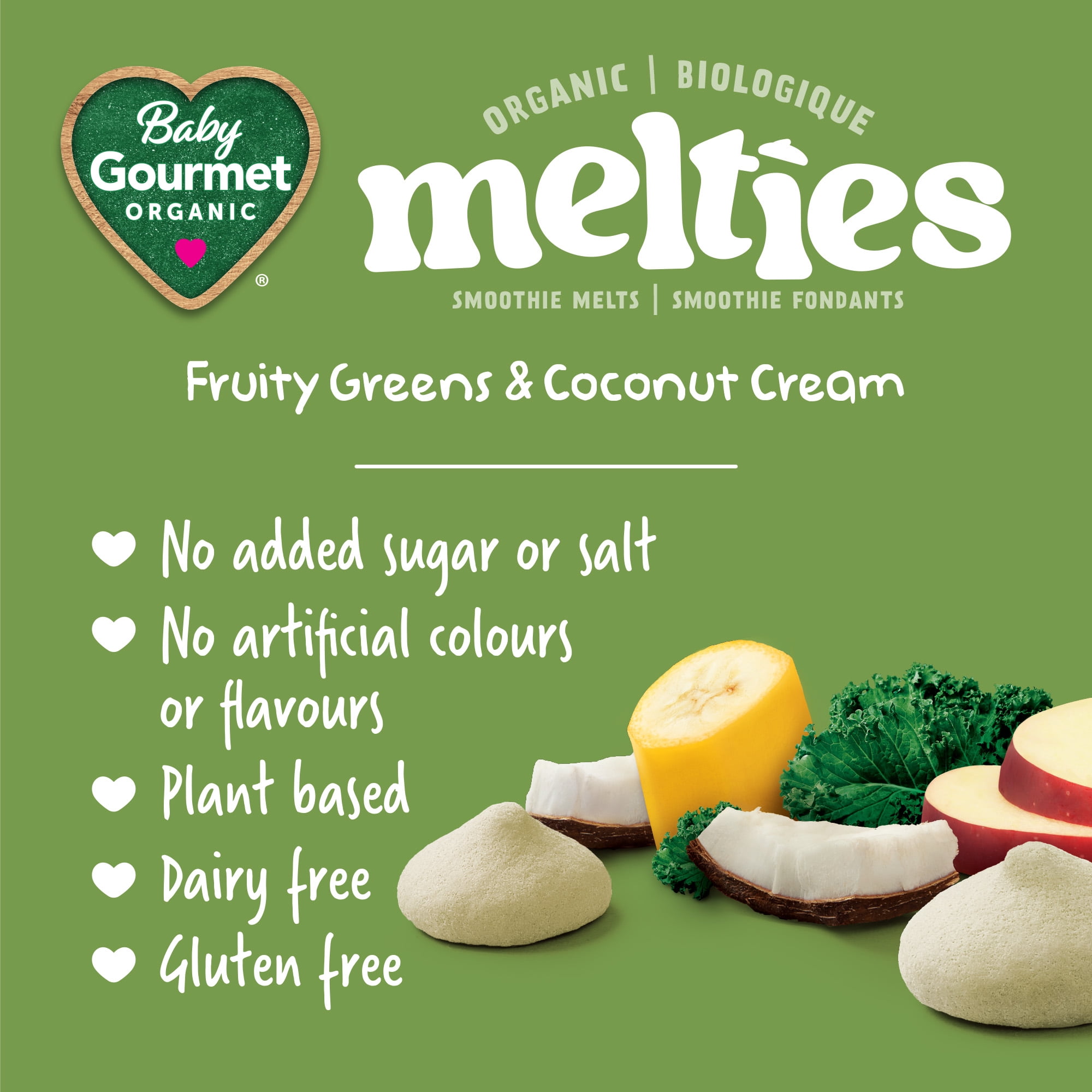 Fondants biologiques Melties™ légumes verts fruités et crème de noix de coco pour bébé de Baby Gourmet®