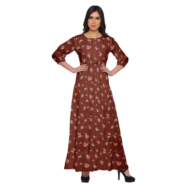 Moomaya Printed Round Neck 3/4 Sleeve Long Maxi Dress With Drawstring Waist