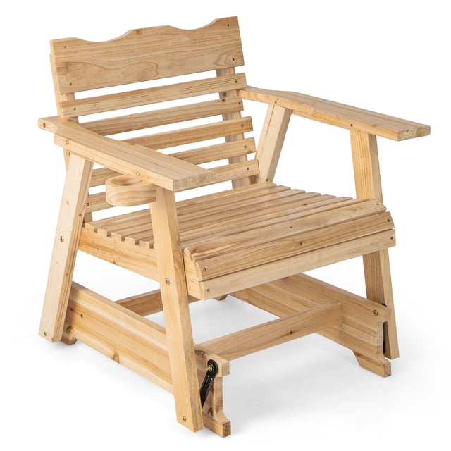 Patiojoy 1PC Outdoor Fir Wood Rocking Chair Outdoor Glider Chair with Rotatable Hidden Cup Holder and Curved Seat
