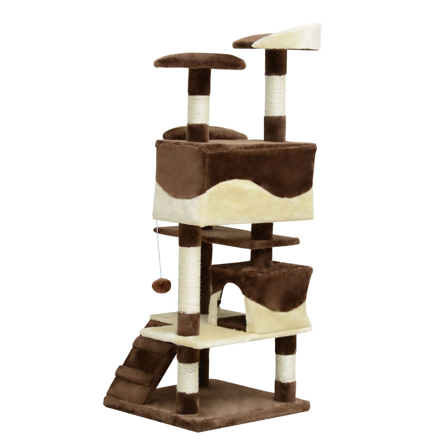 53" Multi-Level Cat Tree Activity Center, Brown Plush & Particle Board Cat Tower with 2 Condos, 3 Perches, Sisal Scratching Posts & Toys for Indoor Cats in Living Room or Bedroom
