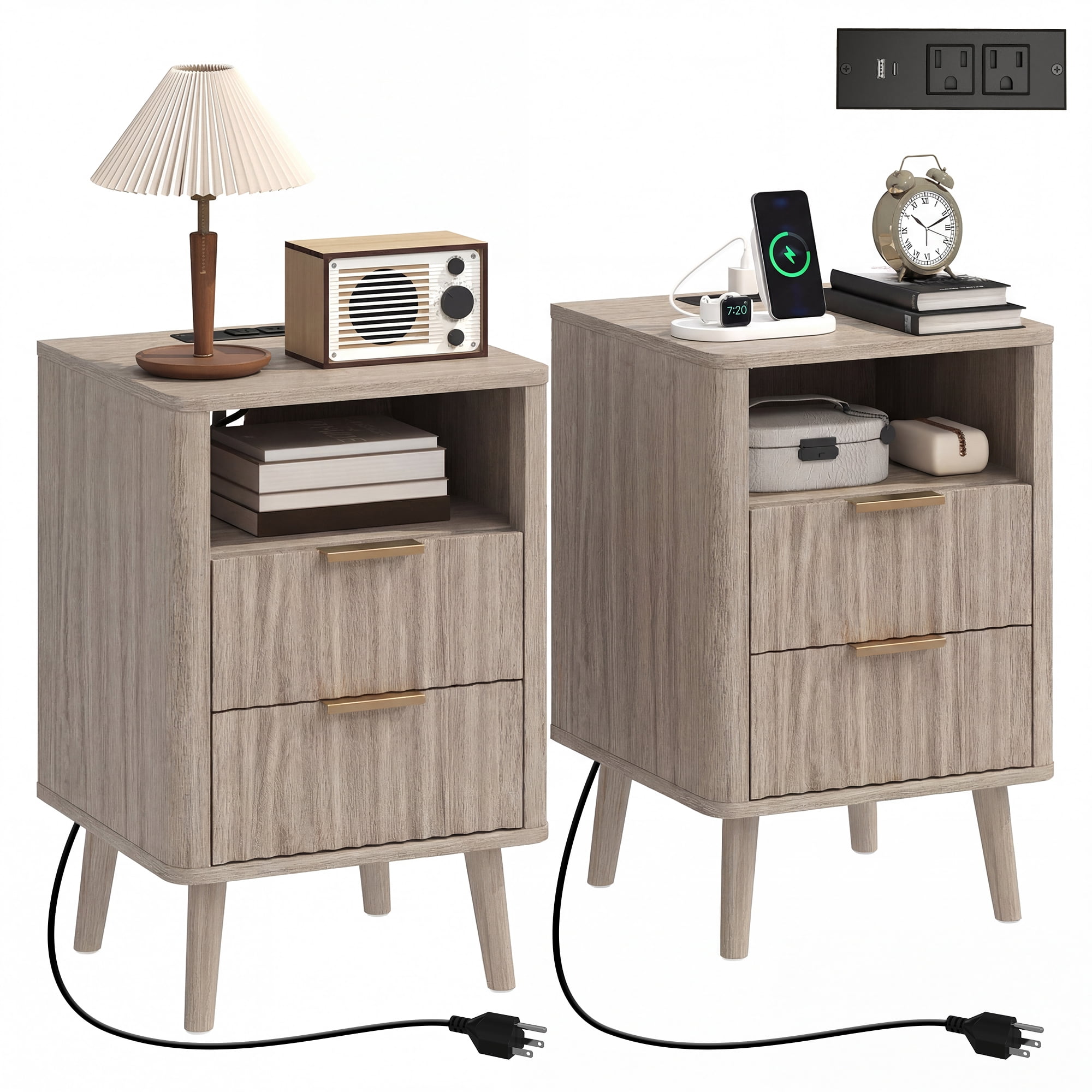 HOMCOM Nightstands Set of 2, Bedside Tables with Charging Station, Grey
