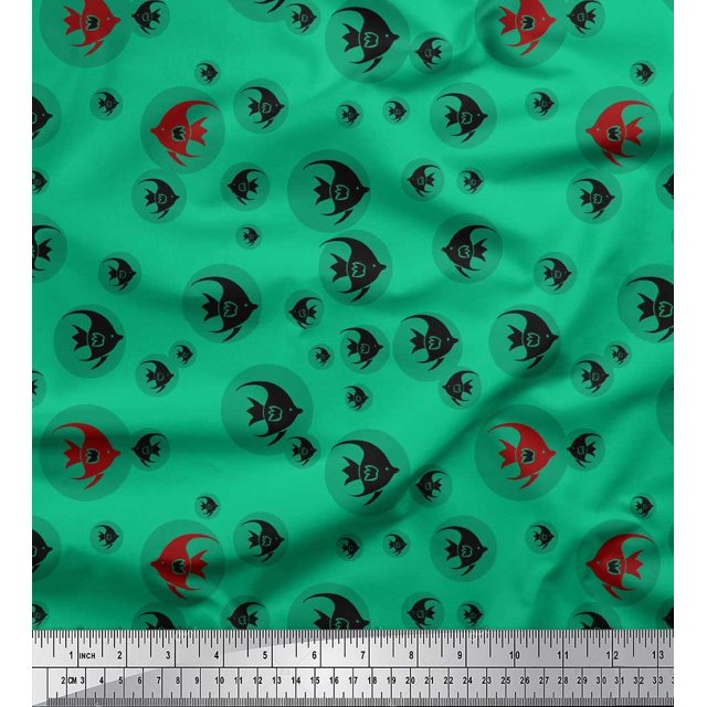 Soimoi Green Poly Georgette Fabric Fish Ocean Decor Fabric Printed Yard 42 Inch Wide