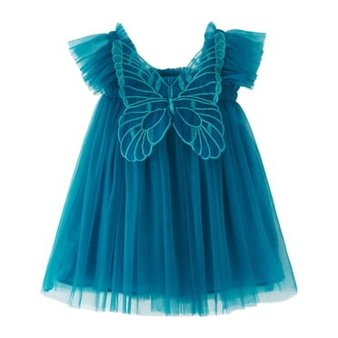 JIRNDf Robe de Demoiselle d'Honneur pour Mariage Élégante Robe de Bal Fête Princesse Manches Volant avec Ailes Vacances Danse Formelle Filles Été Robe Décontractée Bleu 4-5 Ans