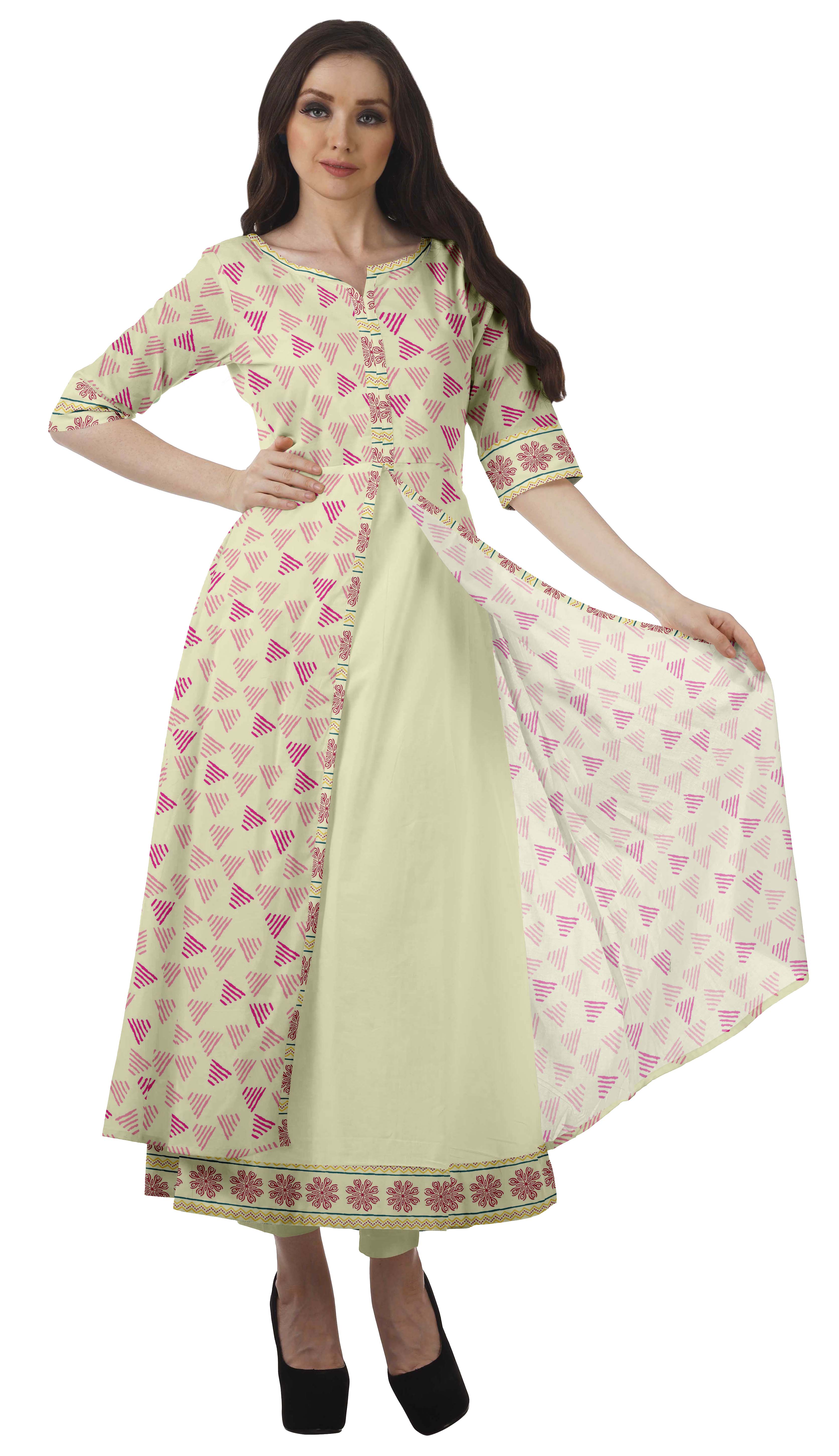 Moomaya Womens Cotton Printed Tunic Fron Slit Short Sleeves Long Kurta Kurti Set-L