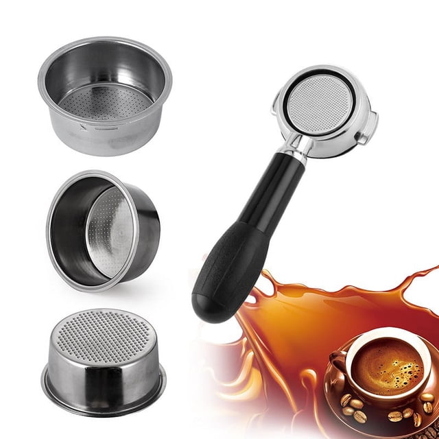 Coffee 51mm Non Pressurized Filter Basket for Breville, Delonghi, and Krups, a stainless steel coffee maker accessory with a silver finish. Includes one filter cup with dimensions of approximately 5.9cm outer diameter, 5.1cm inner diameter, and 2.5cm height. Displayed alongside a portafilter and coffee imagery.