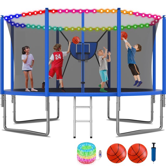 KOFUN 1400LBS 14FT Trampoline for Kids and Adults Outdoor Backyard Trampoline with Safety Enclosure Net, Removable Basketball Hoop, Ladder, Light, 2 Balls, Blue